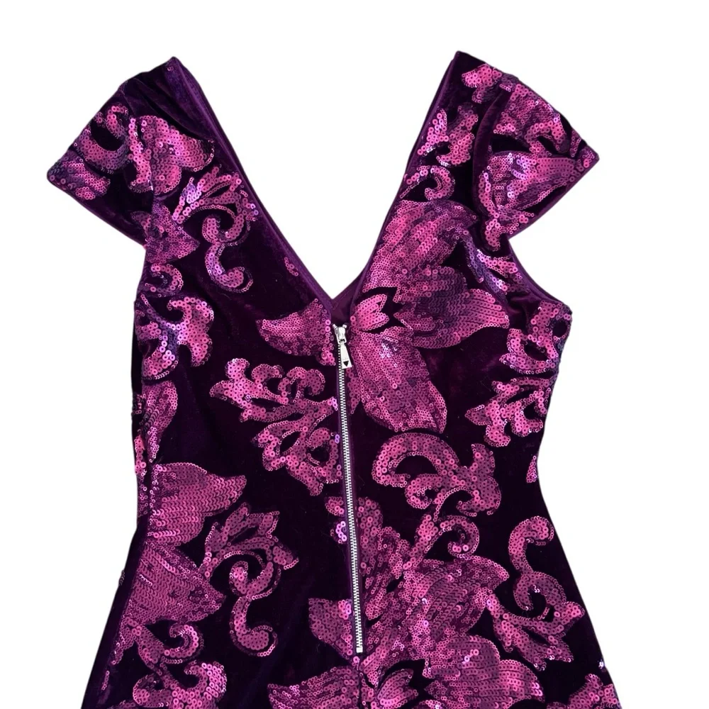 Guess Burgundy Velvet Sequin Mini Evening Dress Size 4 - Picture 7 of 17